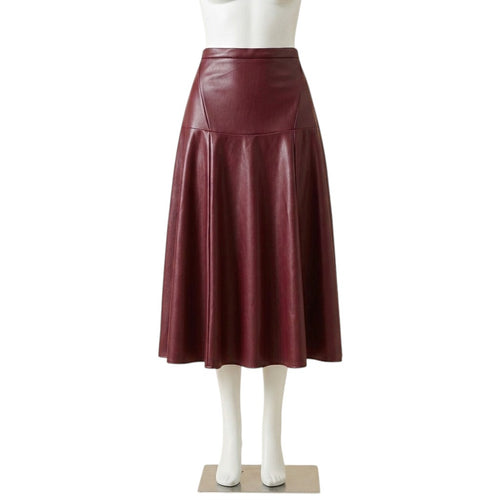 : "Maroon faux leather A-line midi skirt with high waist and paneled seams, displayed on a headless mannequin against a white background."