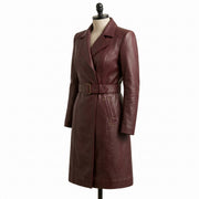 **"Burgundy leather belted trench coat, side angle view on mannequin"**