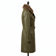 Women’s Olive Green Leather Trench Coat with Fur Collar
