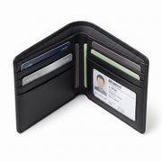 "Open black bifold wallet showing card slots and ID window with sample cards."