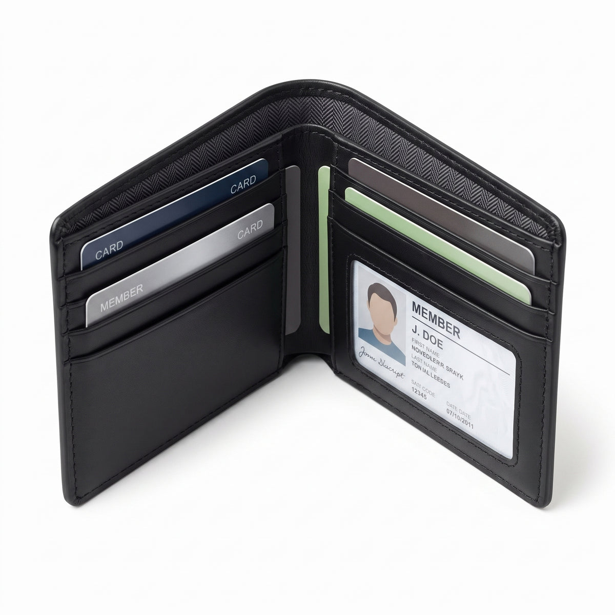 "Open black bifold wallet showing card slots and ID window with sample cards."