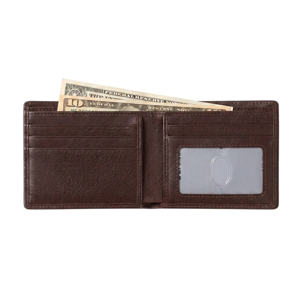 "Open dark brown leather bifold wallet showing card slots, a clear ID window, and dollar bills peeking out from the top, on a white background.")