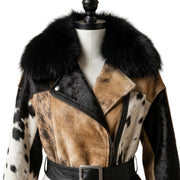 Hair-On Cowhide Trench Coat with Fur Collar