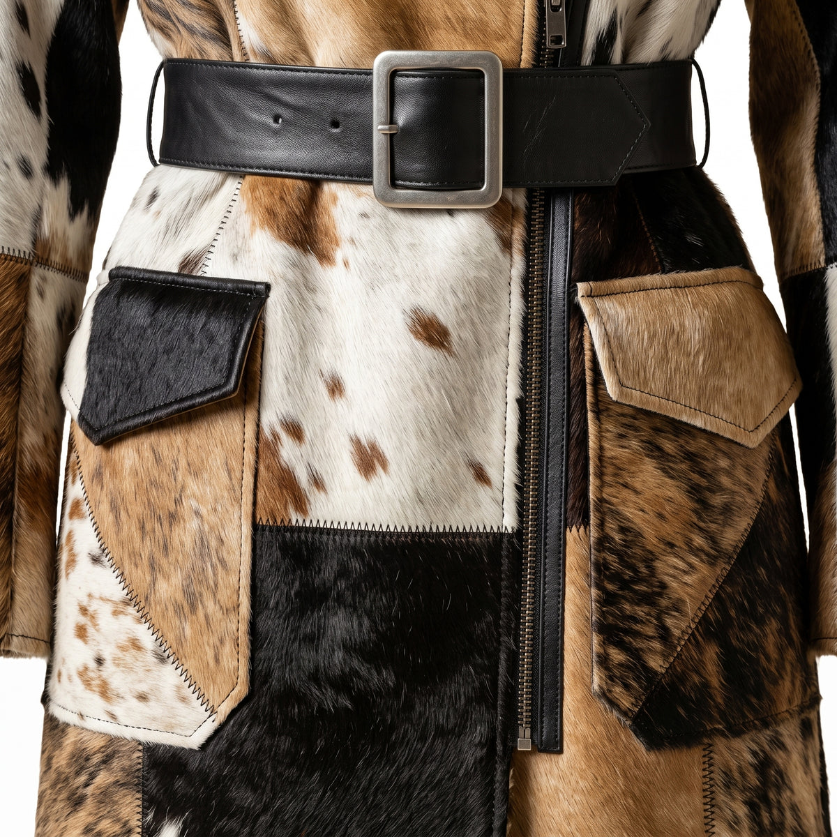 Hair-On Cowhide Trench Coat with Fur Collar