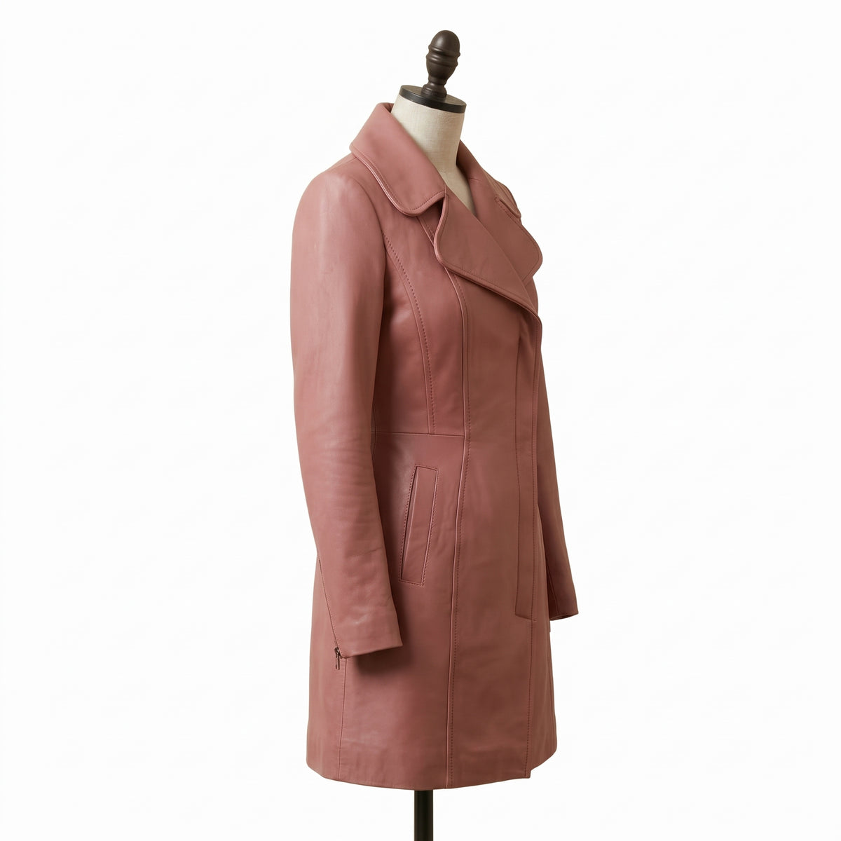 Women's Dusty Rose Pink Leather Trench Coat – Knee Length