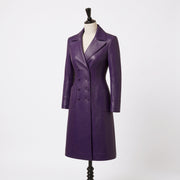 Women’s Luxury Purple Double-Breasted Leather Coat