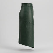 Buckled High-Waisted Leather Midi Skirt – Dark Green