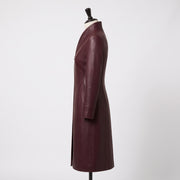 Women’s Burgundy Long Leather Trench Coat with Mandarin Collar