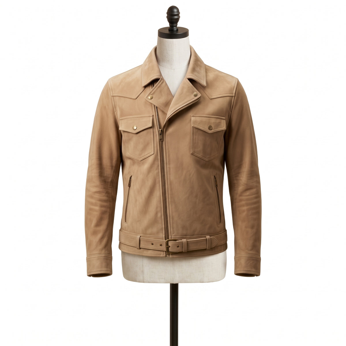 Tan Suede Western Biker Jacket for Men with Waist Belt