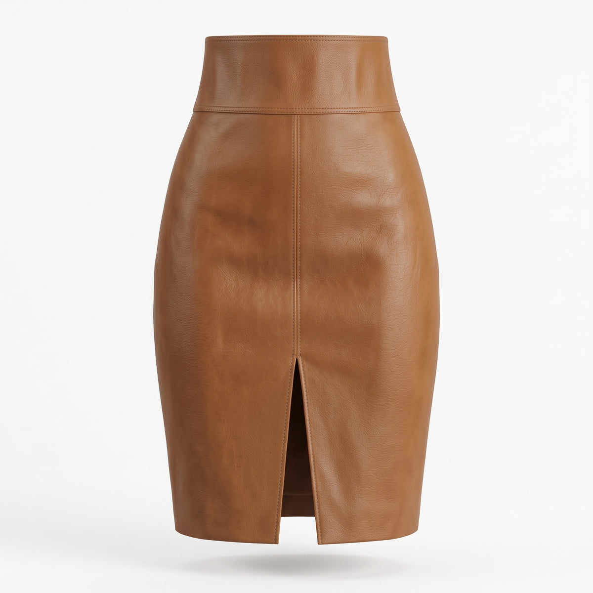 Camel Brown Front-Slit Leather Pencil Skirt – Women’s Midi Skirt