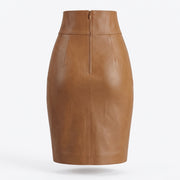Camel Brown Front-Slit Leather Pencil Skirt – Women’s Midi Skirt
