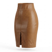 Camel Brown Front-Slit Leather Pencil Skirt – Women’s Midi Skirt