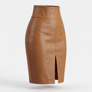 Camel Brown Front-Slit Leather Pencil Skirt – Women’s Midi Skirt