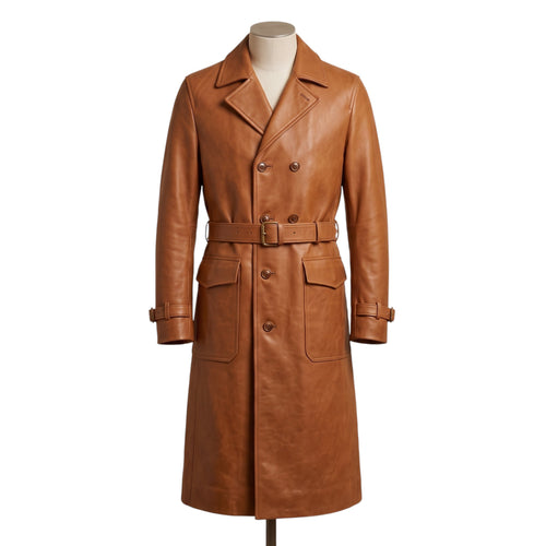 "Full front view of the tan leather trench coat on a mannequin, showing the double-breasted button closure, waist belt with brass buckle, flap pockets, and adjustable cuff straps against a white background."