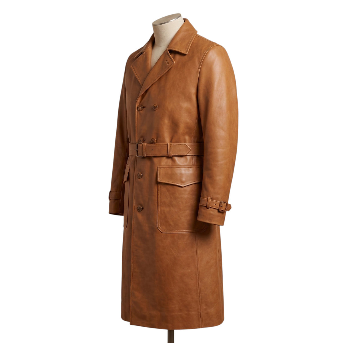 "A tan leather trench coat displayed in side profile on a mannequin, featuring a double-breasted button closure, wide collar, waist belt, flap pocket, and adjustable cuff strap against a white background."