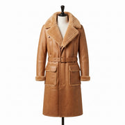 Men’s & Women’s Tan Shearling Long Coat – Premium Leather Winter Coat