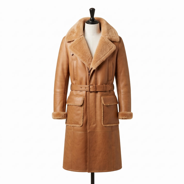 Men’s & Women’s Tan Shearling Long Coat – Premium Leather Winter Coat