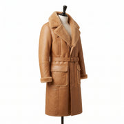 Men’s & Women’s Tan Shearling Long Coat – Premium Leather Winter Coat