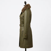 Women’s Olive Green Leather Trench Coat with Fur Collar
