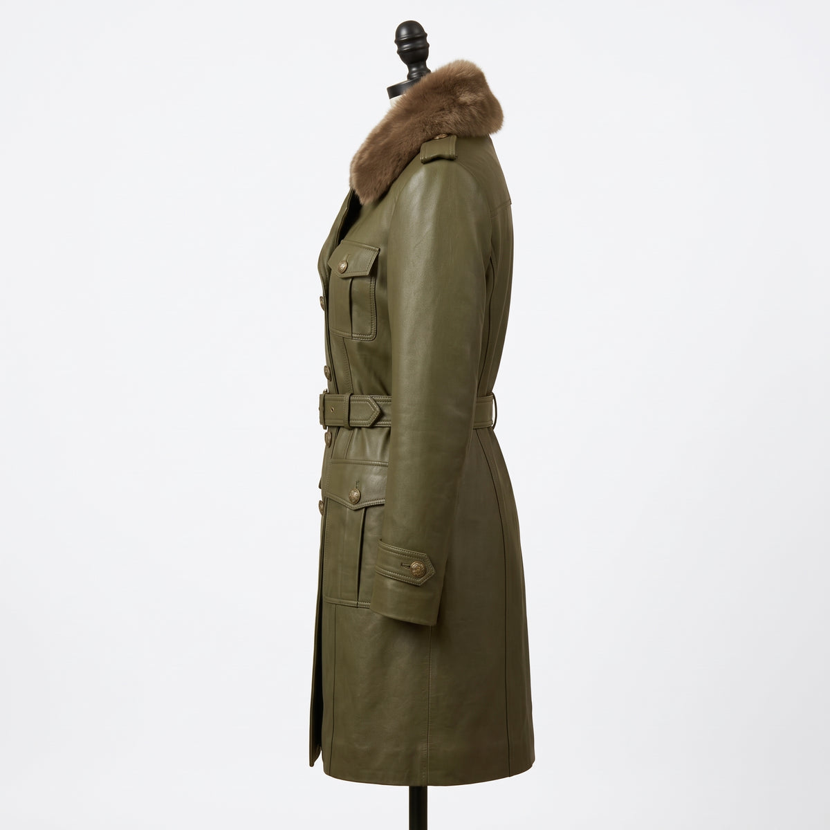 Women’s Olive Green Leather Trench Coat with Fur Collar