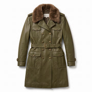 Women’s Olive Green Leather Trench Coat with Fur Collar