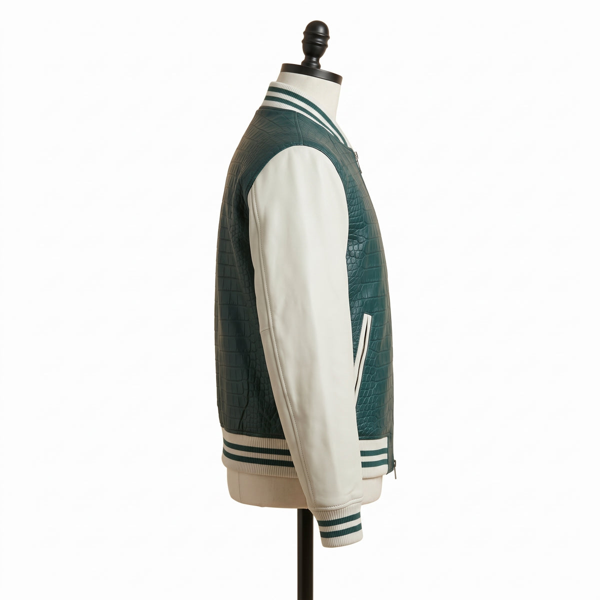 **"Green croc-embossed leather varsity jacket, profile view on mannequin"**