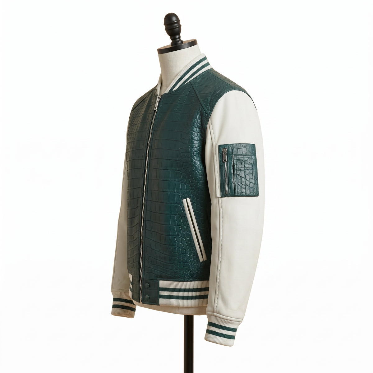 **"Green croc-embossed leather varsity jacket, side angle view on mannequin"**