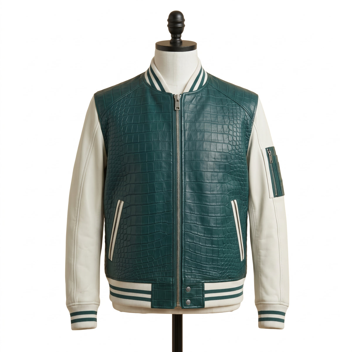"Green croc-embossed leather varsity jacket with white sleeves, front view"