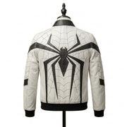 "Back view of a white leather bomber jacket with black web-pattern stitching and a large black spider graphic across the back, black ribbed collar and cuffs, displayed on a mannequin against a white background."