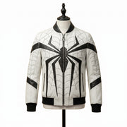 "Front view of a white leather bomber jacket with black web-pattern stitching, a black spider graphic down the front zipper, zip pockets, and black ribbed collar and cuffs, displayed on a mannequin against a white background."