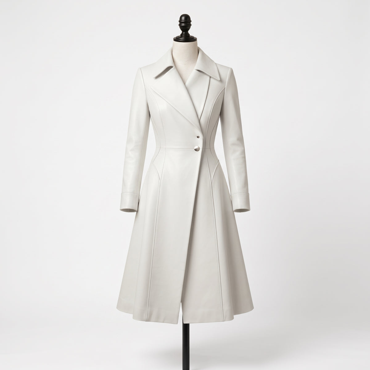 Women’s White Leather Trench Coat – Fitted A-Line Long Coat
