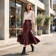 Lace-Up Corset Leather Skirt – Burgundy Flared Maxi Skirt