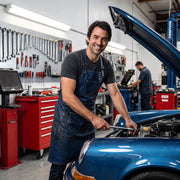 Smiling mechanic wearing a navy blue leather apron with brass buckles and pockets, working under the raised hood of a blue car in an auto repair shop, with a wall of hand tools and a red toolbox cabinet in the background."