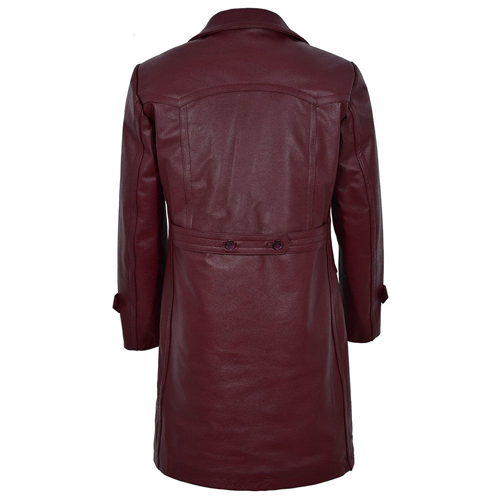Leather Ladies Coats | Women's Genuine Leather Long Trench Coat | Wine Maroon Double Breasted Winter Coat