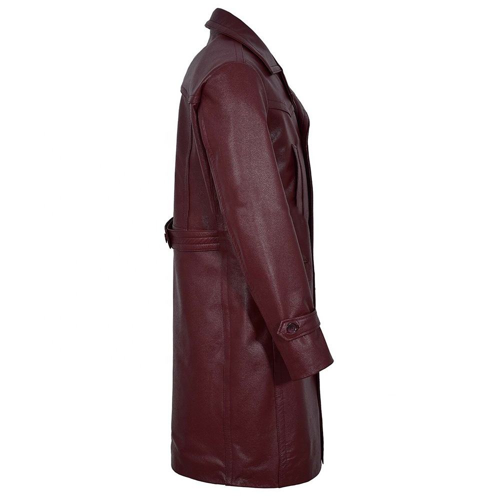 Leather Ladies Coats | Women's Genuine Leather Long Trench Coat | Wine Maroon Double Breasted Winter Coat