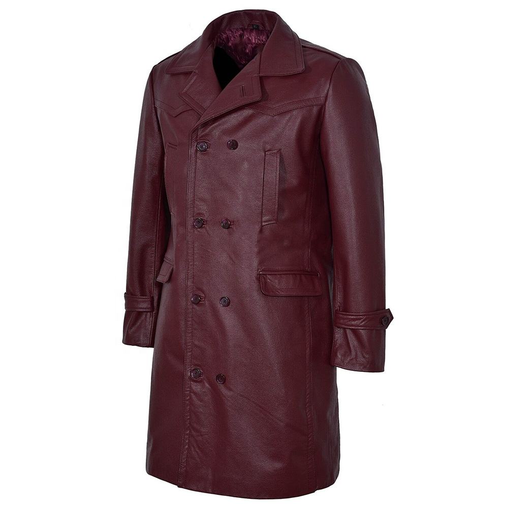 Leather Ladies Coats | Women's Genuine Leather Long Trench Coat | Wine Maroon Double Breasted Winter Coat