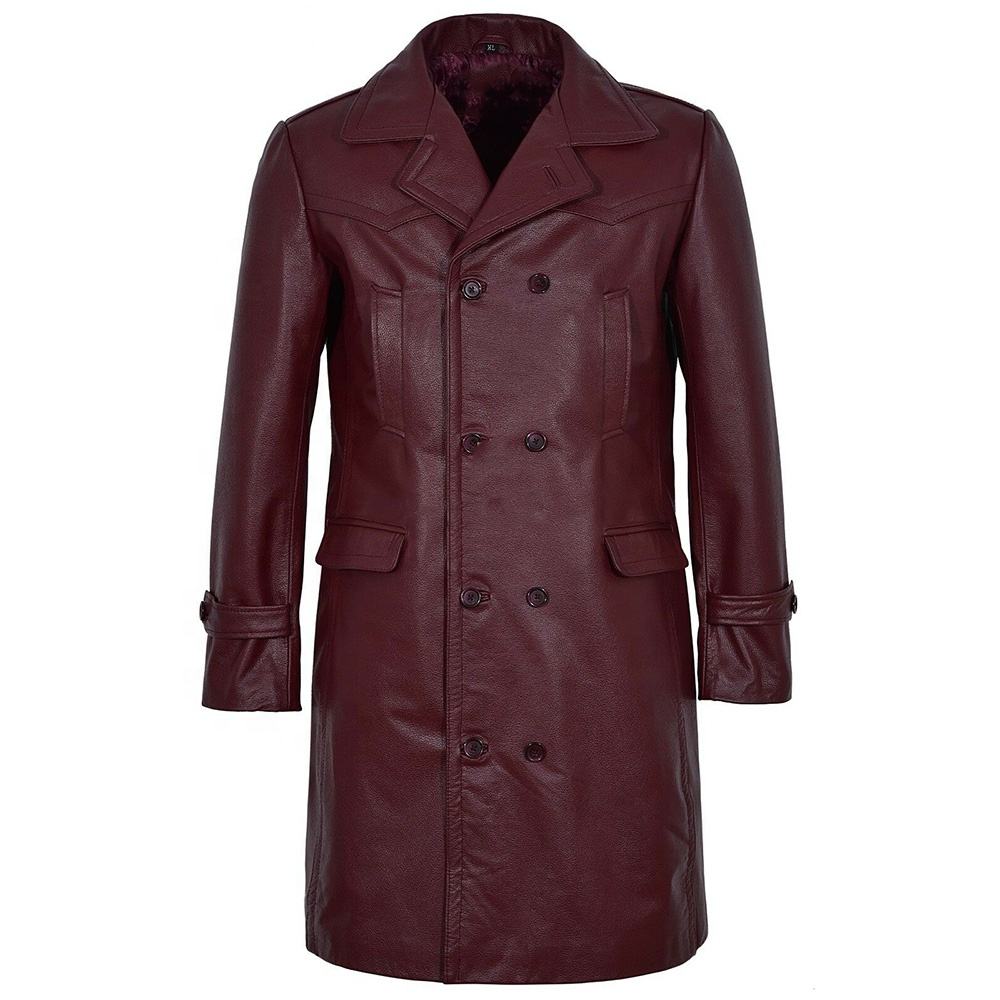 Leather Ladies Coats | Women's Genuine Leather Long Trench Coat | Wine Maroon Double Breasted Winter Coat