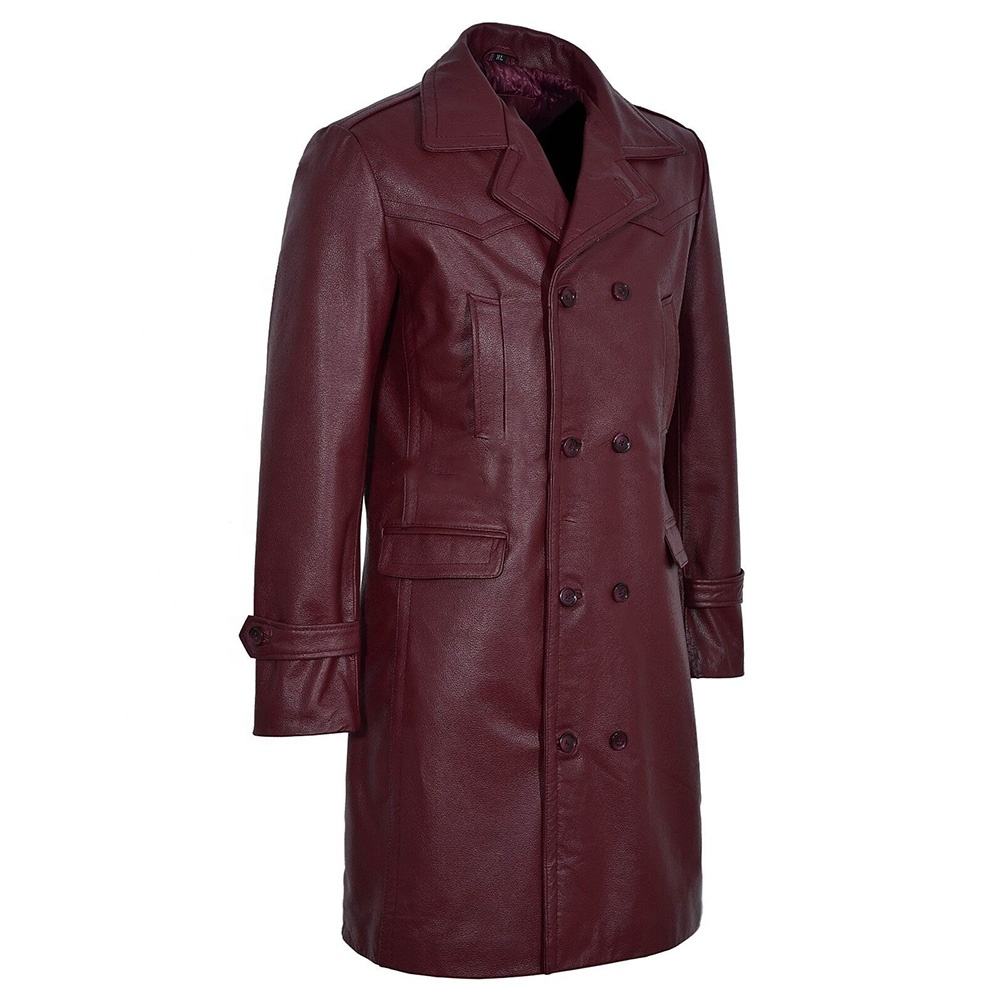 Leather Ladies Coats | Women's Genuine Leather Long Trench Coat | Wine Maroon Double Breasted Winter Coat