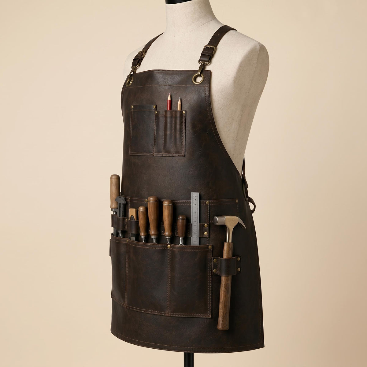 Angled view of dark brown leather carpenter apron with chest pencil pockets, tool holders, large front compartments and adjustable straps.