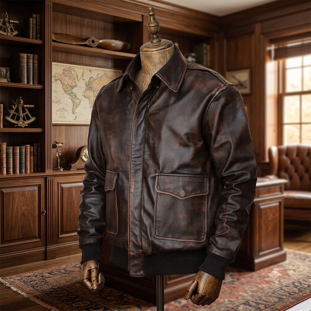 Men's Distressed Brown Leather Jacket, A2 Bomber Aviator Style Real Leather Jacket, Vintage Flight Jacket, Handmade Gift for Him
