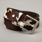 Genuine Cowhide Leather Belt for Men | Brown & White Cow Print Western Belt with Silver Buckle