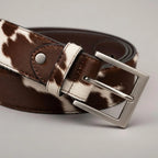 Genuine Cowhide Leather Belt for Men | Brown & White Cow Print Western Belt with Silver Buckle