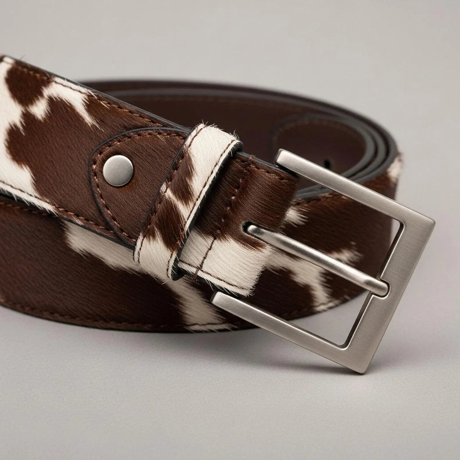 Genuine Cowhide Leather Belt for Men | Brown & White Cow Print Western Belt with Silver Buckle