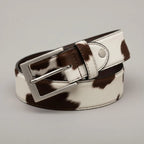Genuine Cowhide Leather Belt for Men | Brown & White Cow Print Western Belt with Silver Buckle