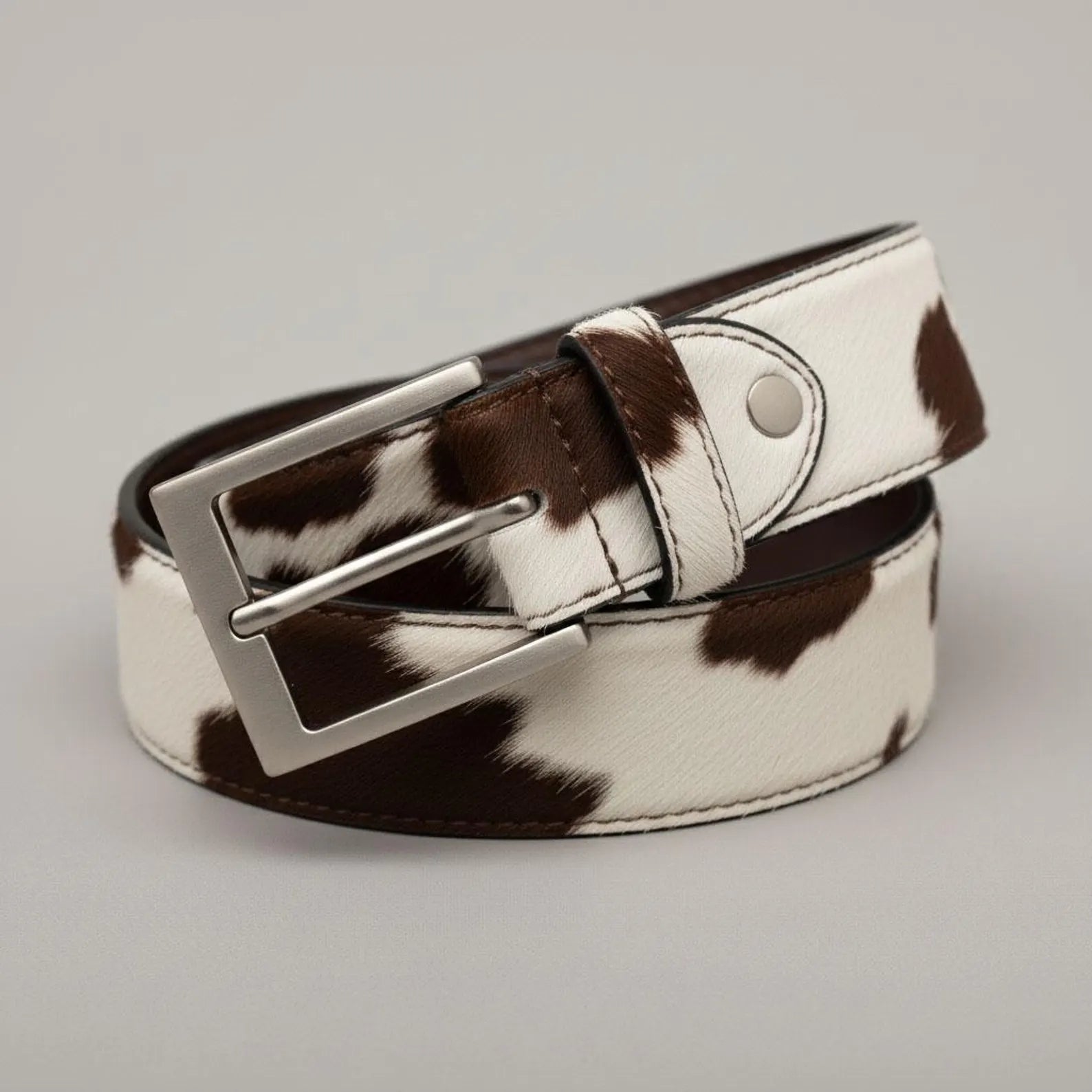 Genuine Cowhide Leather Belt for Men | Brown & White Cow Print Western Belt with Silver Buckle