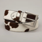 Genuine Cowhide Leather Belt for Men | Brown & White Cow Print Western Belt with Silver Buckle