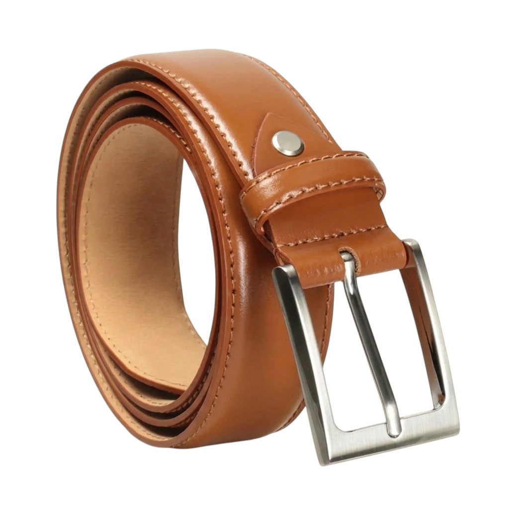 Tan brown genuine leather belt coiled on white background with brushed silver prong buckle and stitched edges"