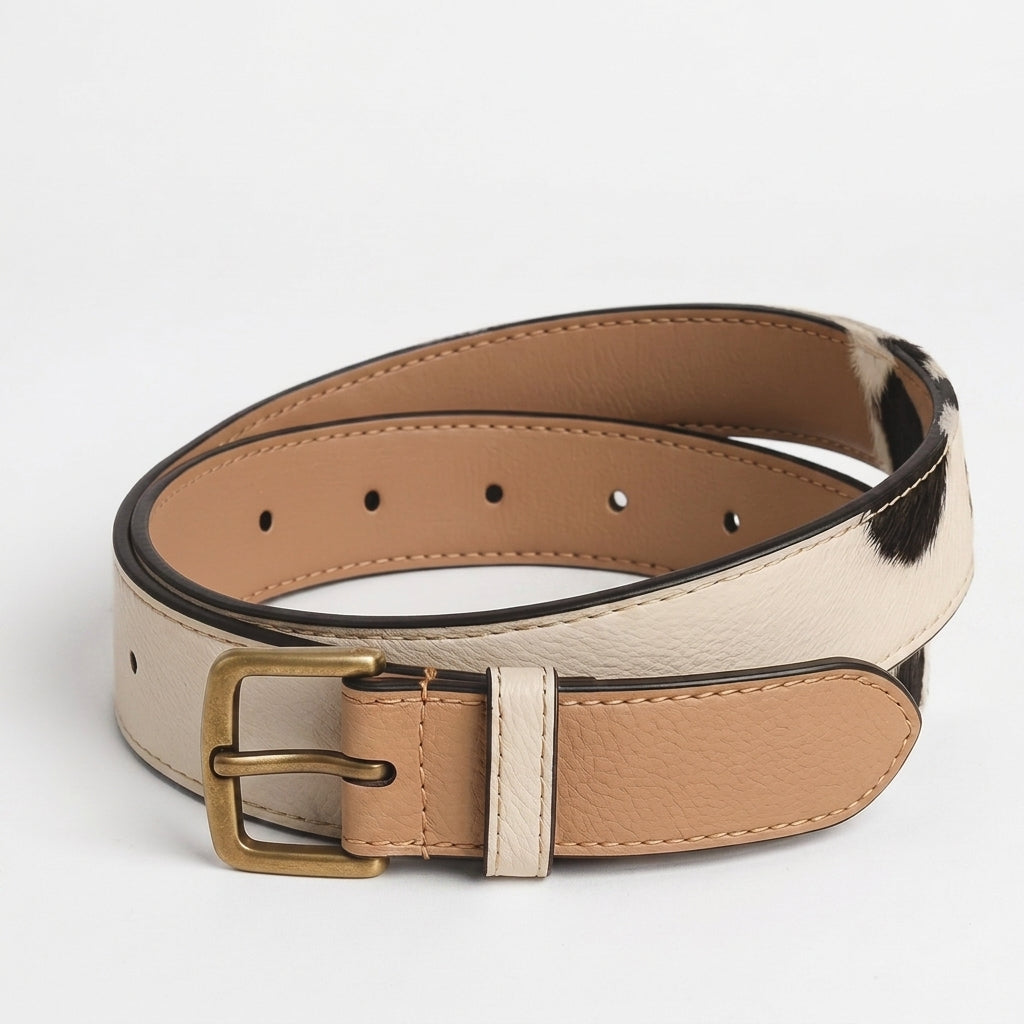 "Reversible leather belt coiled to show both sides — tan/beige smooth leather on one side and cow-print (white with black spots) on the other — with an antique brass buckle, photographed on a white background."