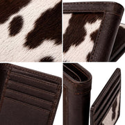 "Four-panel close-up collage showing cow-print calf hair texture, corner stitching, interior card slots, and dark brown leather trim detail of a wallet, photographed on a white background."