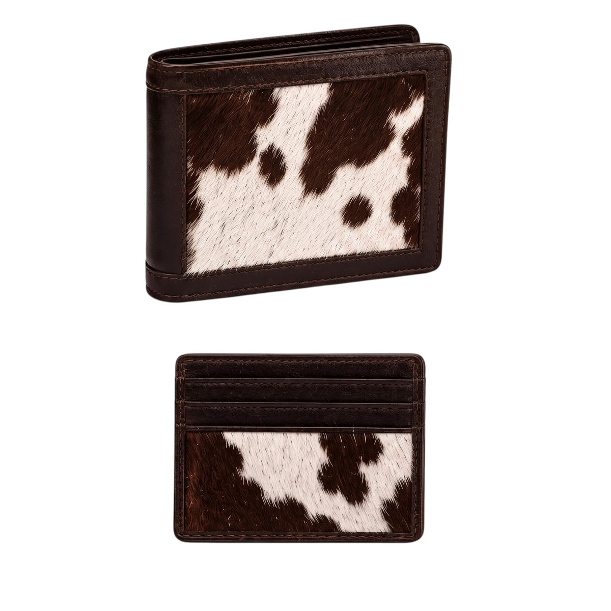 "Two views of cow-print (brown and white) leather wallets with dark brown leather trim — a bifold wallet on top and a card holder below, both photographed on a white background."